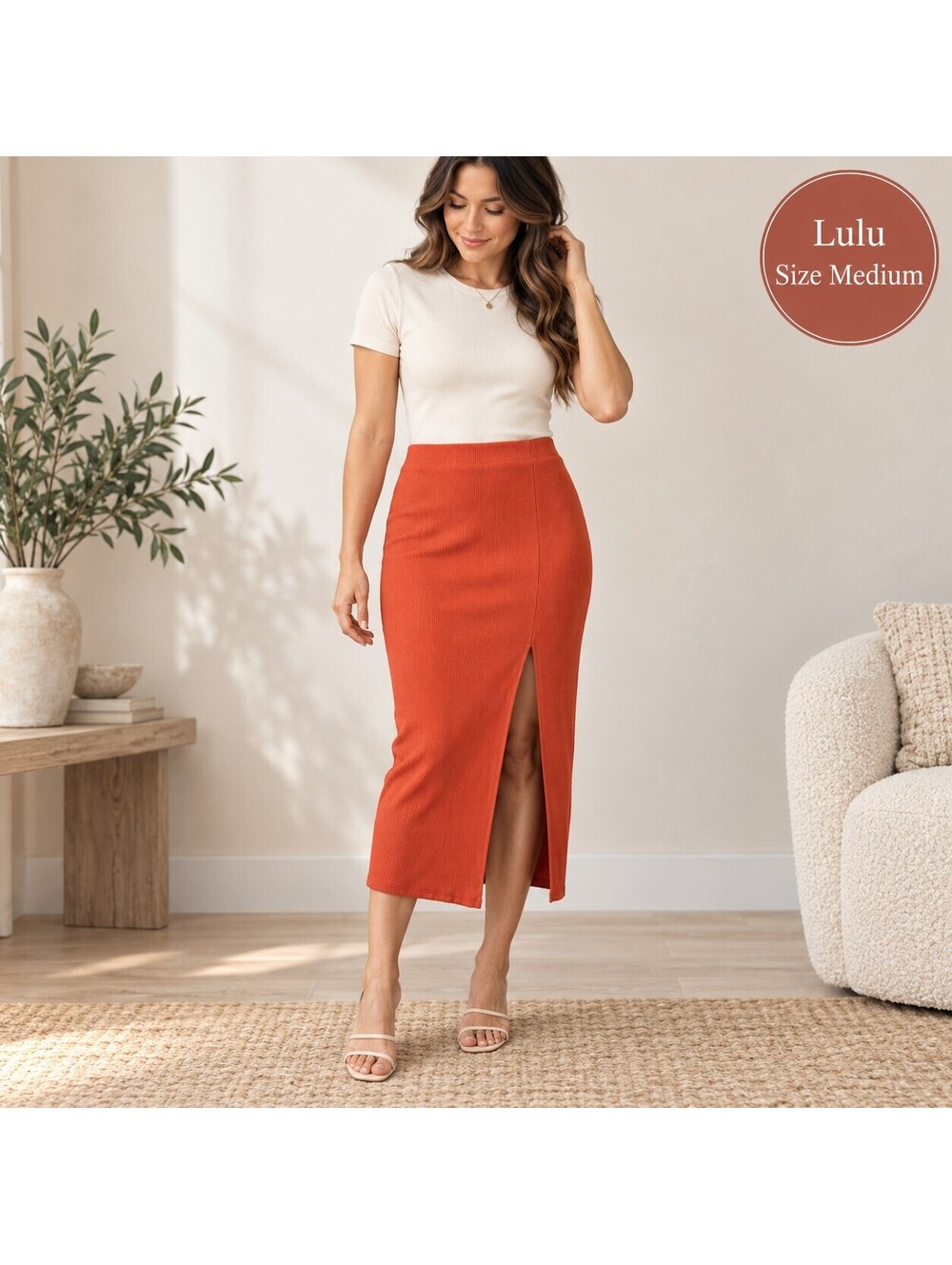 Lulus Sz Medium | Orange Ribbed Midi Skirt